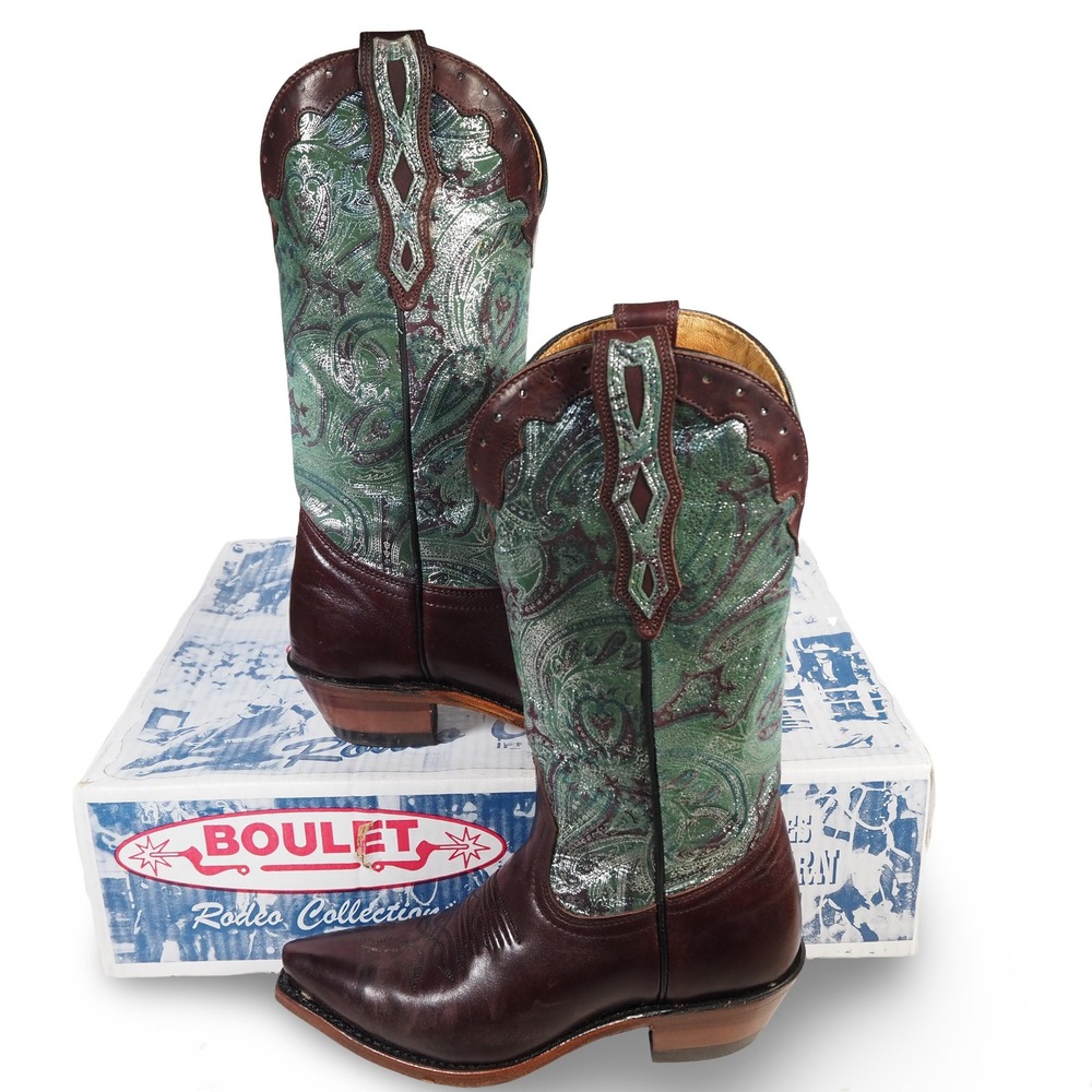 Boulet Western Cowboy Boots Women's 6C Brown Green‎ Paisley Leather Snip Toe